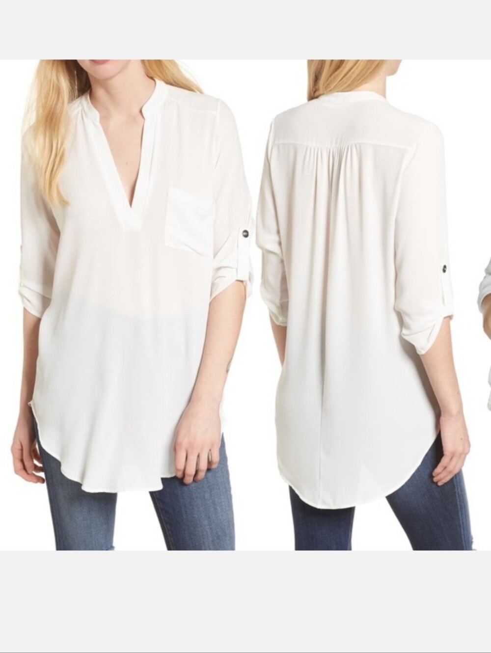 Lush White V-Neck Roll-Tab Pocket Blouse